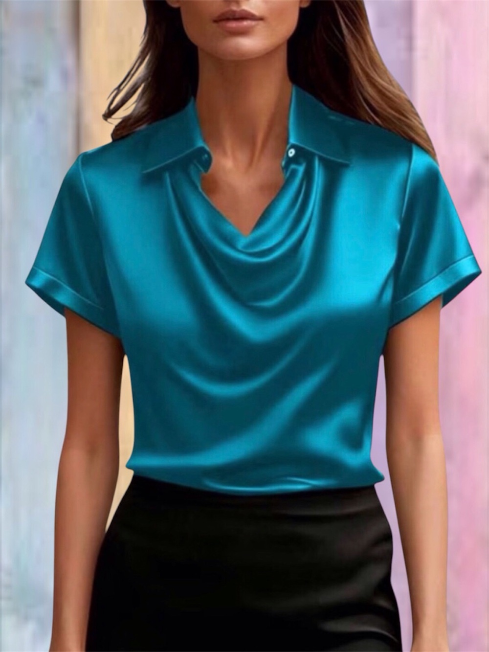Hearthz Aqua Blue Satin Collared Cowl Neck Short Sleeve Blouse Top NEW